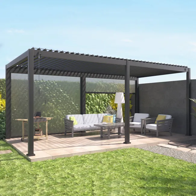 Pergola Bioclimatique gris anthracite 300x600cm. aluminium à lames orientables + 2 stores 3m TRIOMPHE 6X3M + 2 STORES 3M