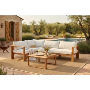 Salon de jardin d’angle modulable LEVATA Classique – Bois d’acacia avec coussins